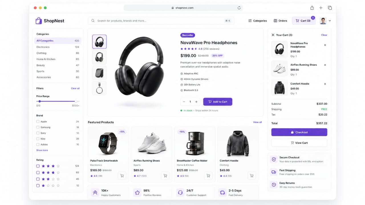 ShopNest commerce interface showing product discovery, product details, cart state, pricing, and checkout controls.